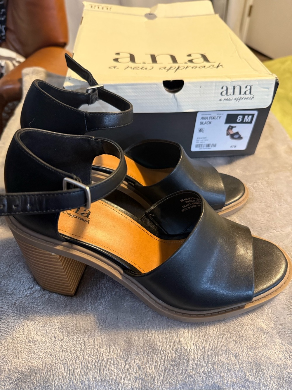 a.n.a Black Open-Toe Ankle Strap Block Heel Sandal-Only worn once!